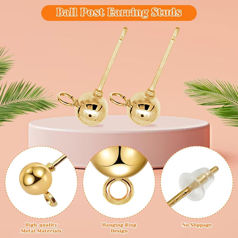 Oubaka 320Pcs Ball Post Earring Studs Set for Jewelry Making,120Pcs Round Ball Earring Posts Hypoallergenic Earring Posts Round Ball Ear Pin with 200Pcs Clear Earring Backs for DIY Jewelry Making(K Gold) - Image 4